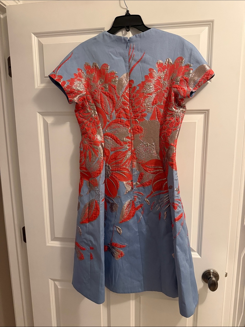 Rickie Freeman for Teri Jon Light Blue Dress with Coral Floral Embroidery - Picture 3 of 3